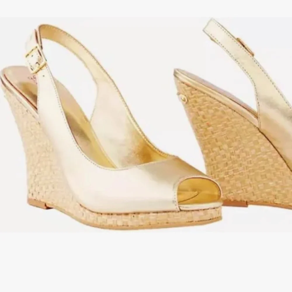 Lilly Pulitzer Kristen Gold Metallic Leather Wedge Espadrilles | Women’s Size 10